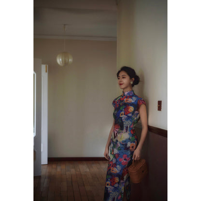 朝顔の油彩画チャイナワンピース