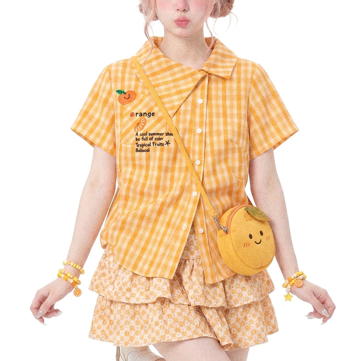 蜜柑の刺繍アシンメトリーシャツ - Orange Check