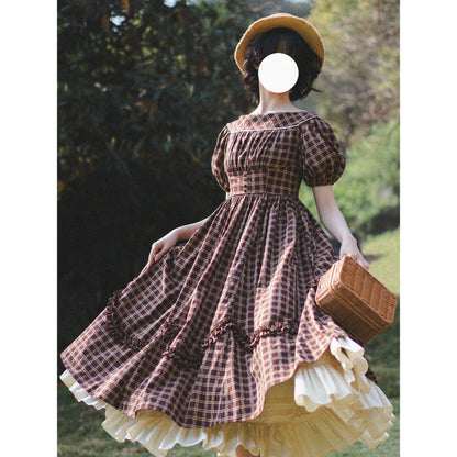 英国のお嬢様の格子柄レトロワンピース - Dark Brown