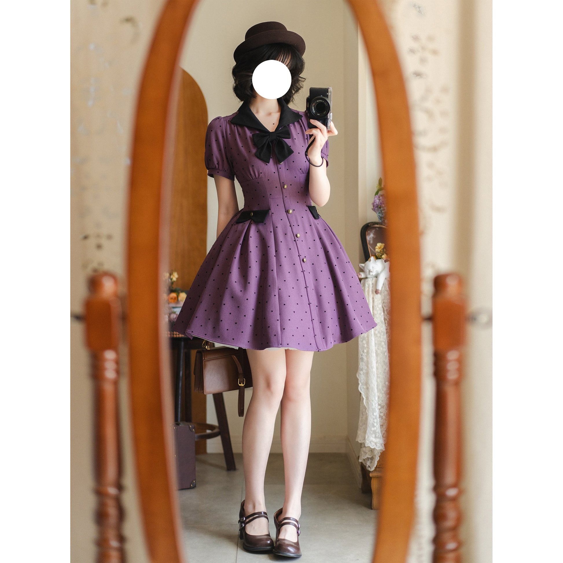 映画女優の水玉柄クラシカルワンピース - Deep Purple