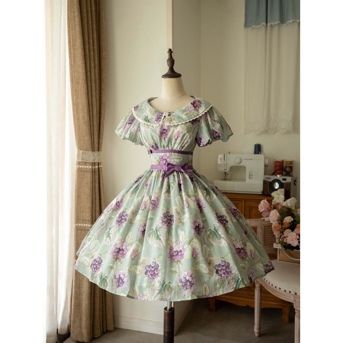 紫葡萄の水彩画コルセットワンピース - Light Green