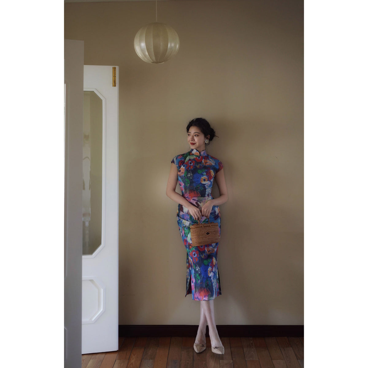 朝顔の油彩画チャイナワンピース