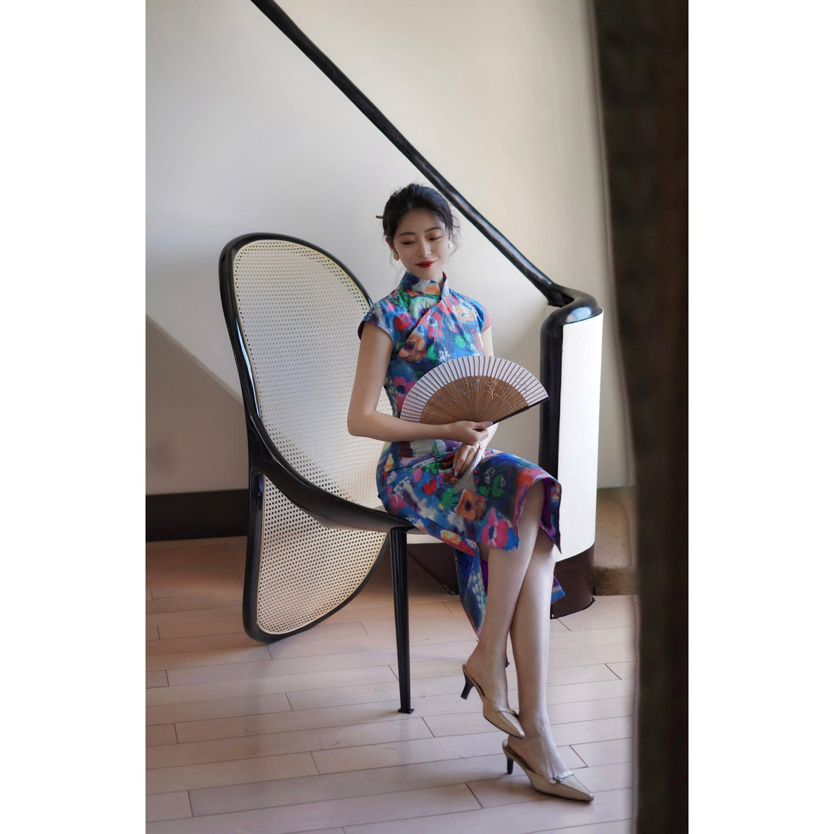 朝顔の油彩画チャイナワンピース