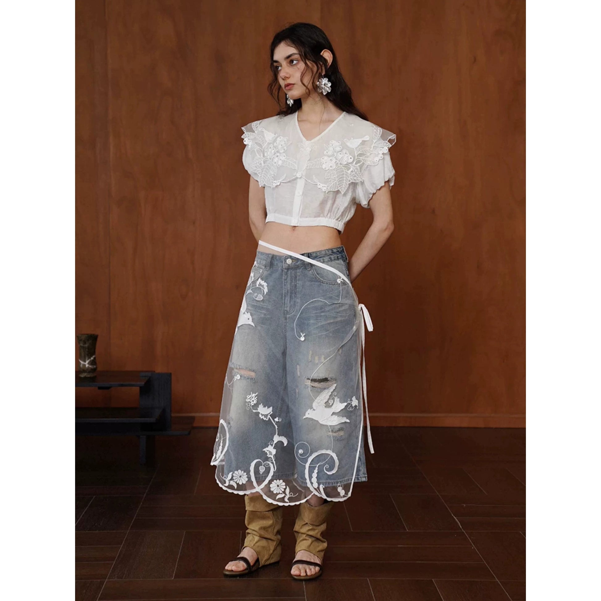 葡萄と小鳥の刺繍チュールオーバースカート