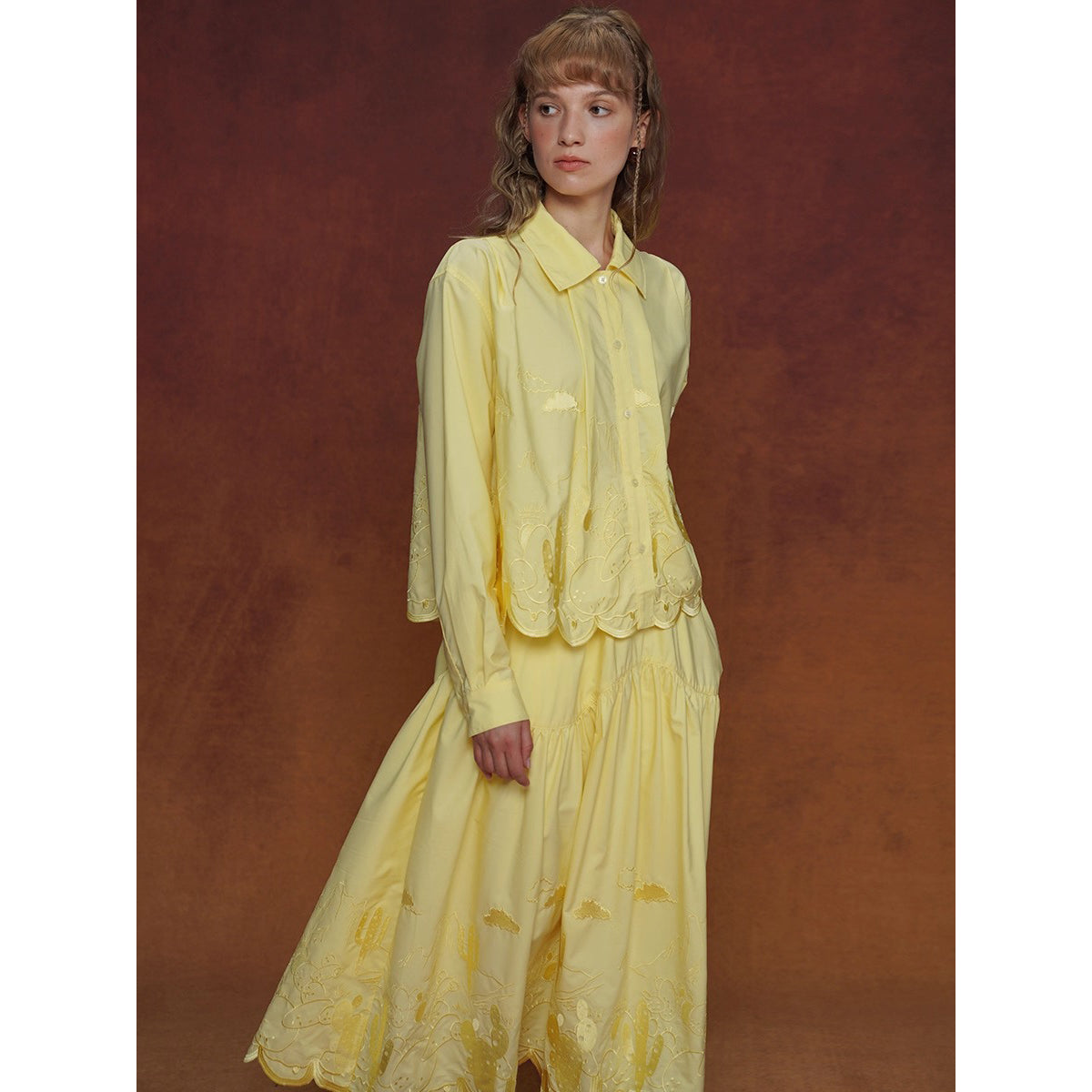 サボテンの刺繍ブラウスとスカート - Yellow