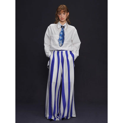 青紫の縦縞ストライプワイドパンツ