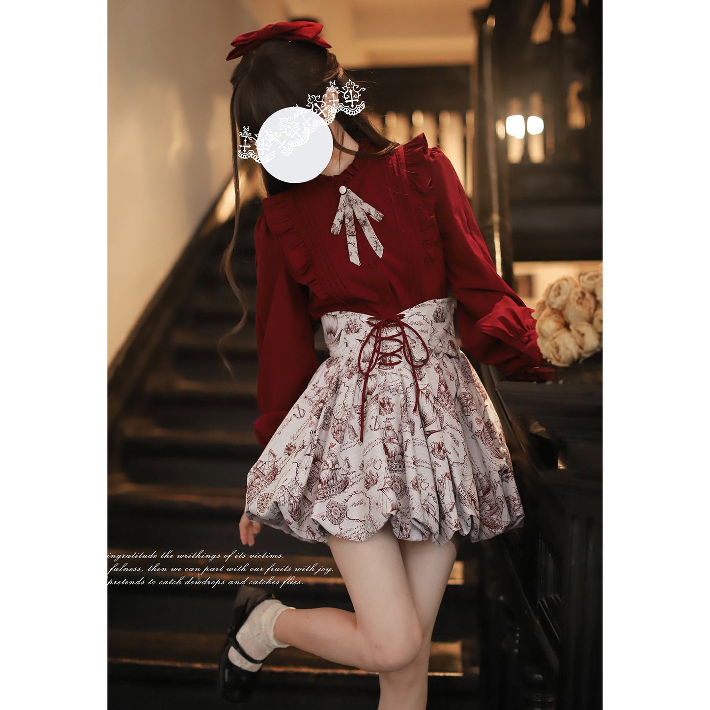 帆船と羅針盤の線画ストラップバルーンスカートとブラウス - Wine Red