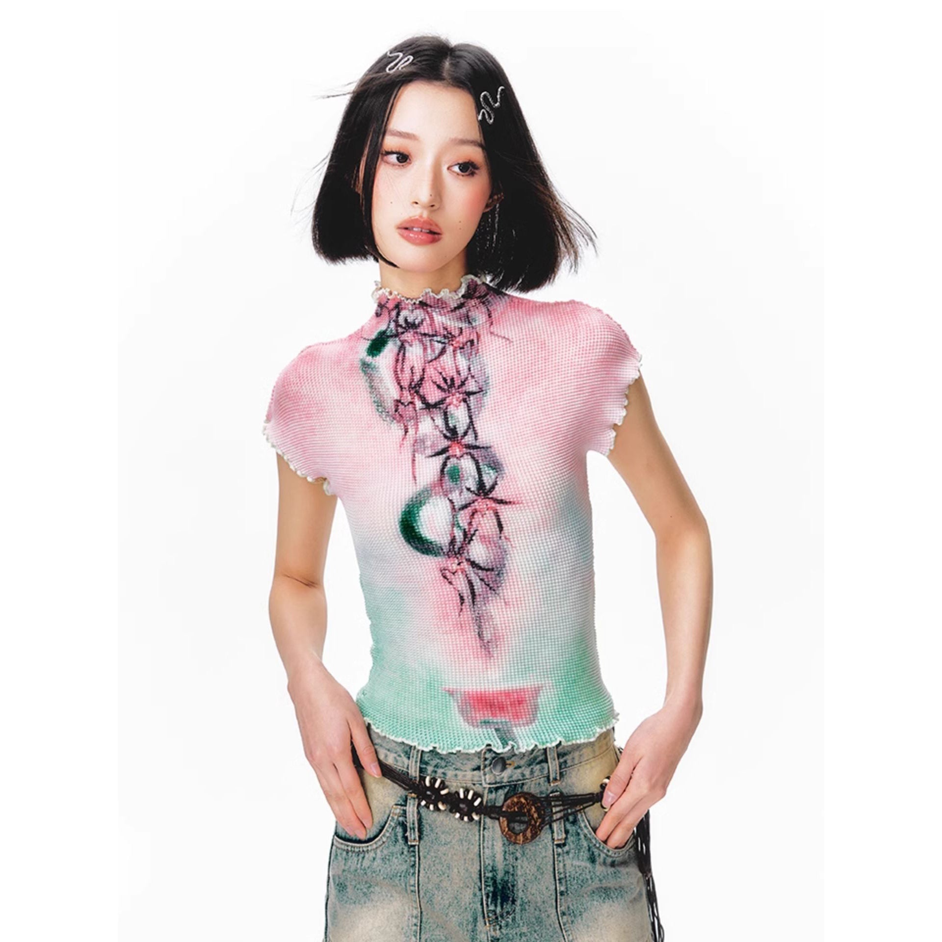 水彩の抽象画ハイネックトップス