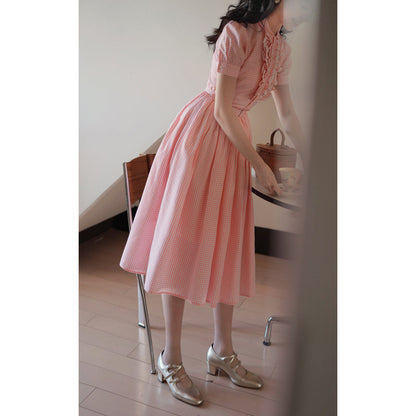 桜色の格子柄ヘップバーンワンピース