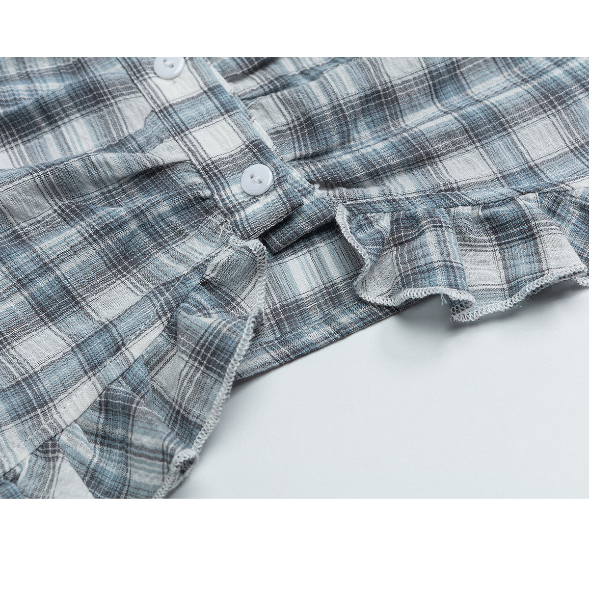 灰藍格子柄のフリルショートシャツ