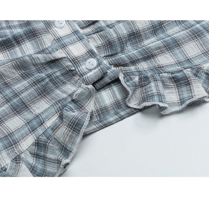 灰藍格子柄のフリルショートシャツ