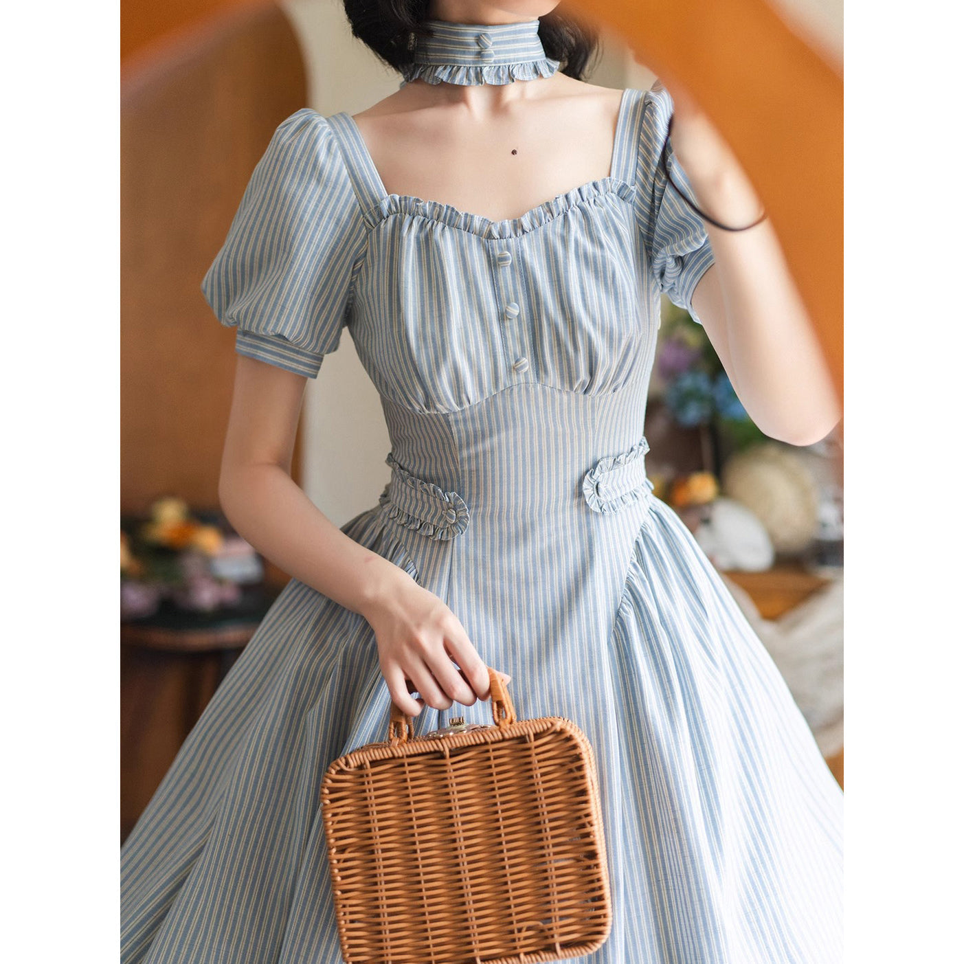 英国のお嬢様のクラシカルストライプワンピース - Ice Blue