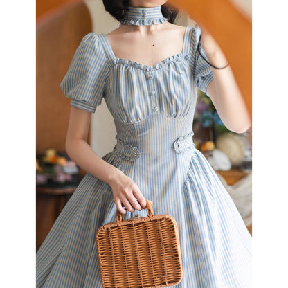 英国のお嬢様のクラシカルストライプワンピース - Ice Blue