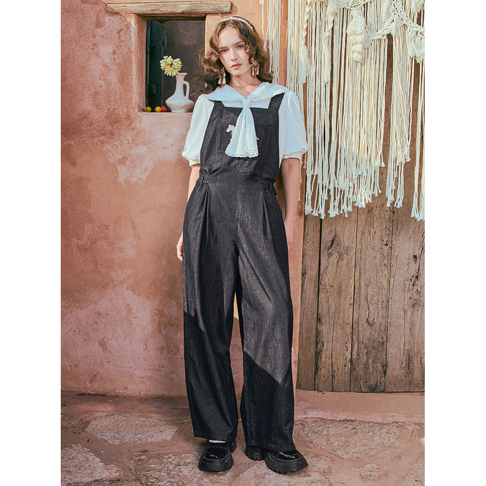 馬の石膏像の刺繍デニムサロペットパンツ