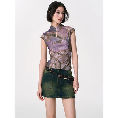 カラーリリーの水彩画チャイナトップス