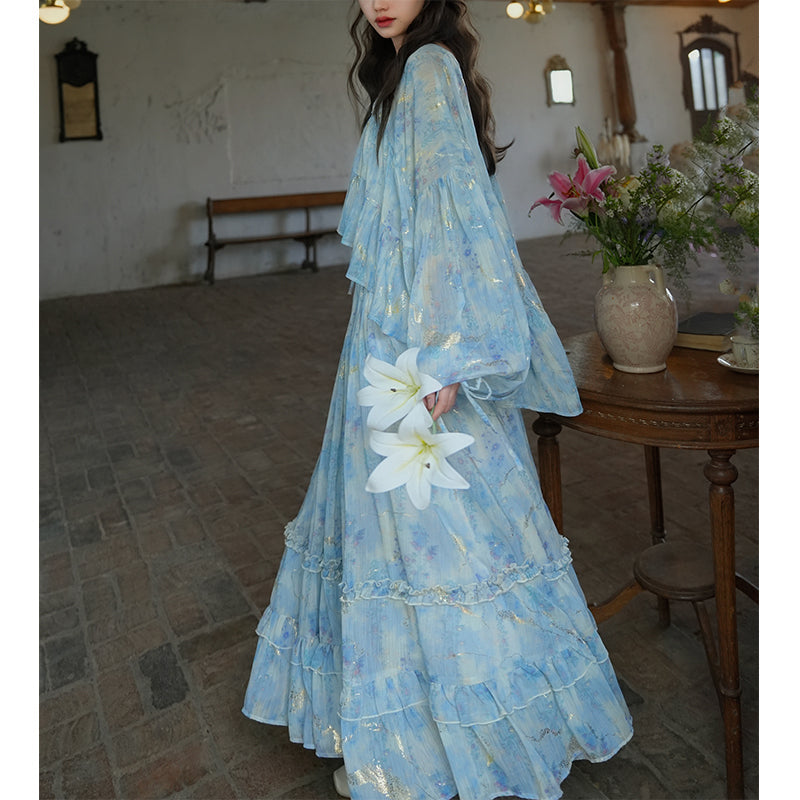 藤の花の水彩画ブラウスとロングスカート