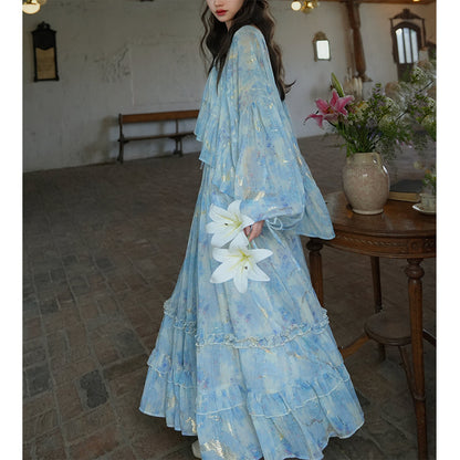 藤の花の水彩画ブラウスとロングスカート