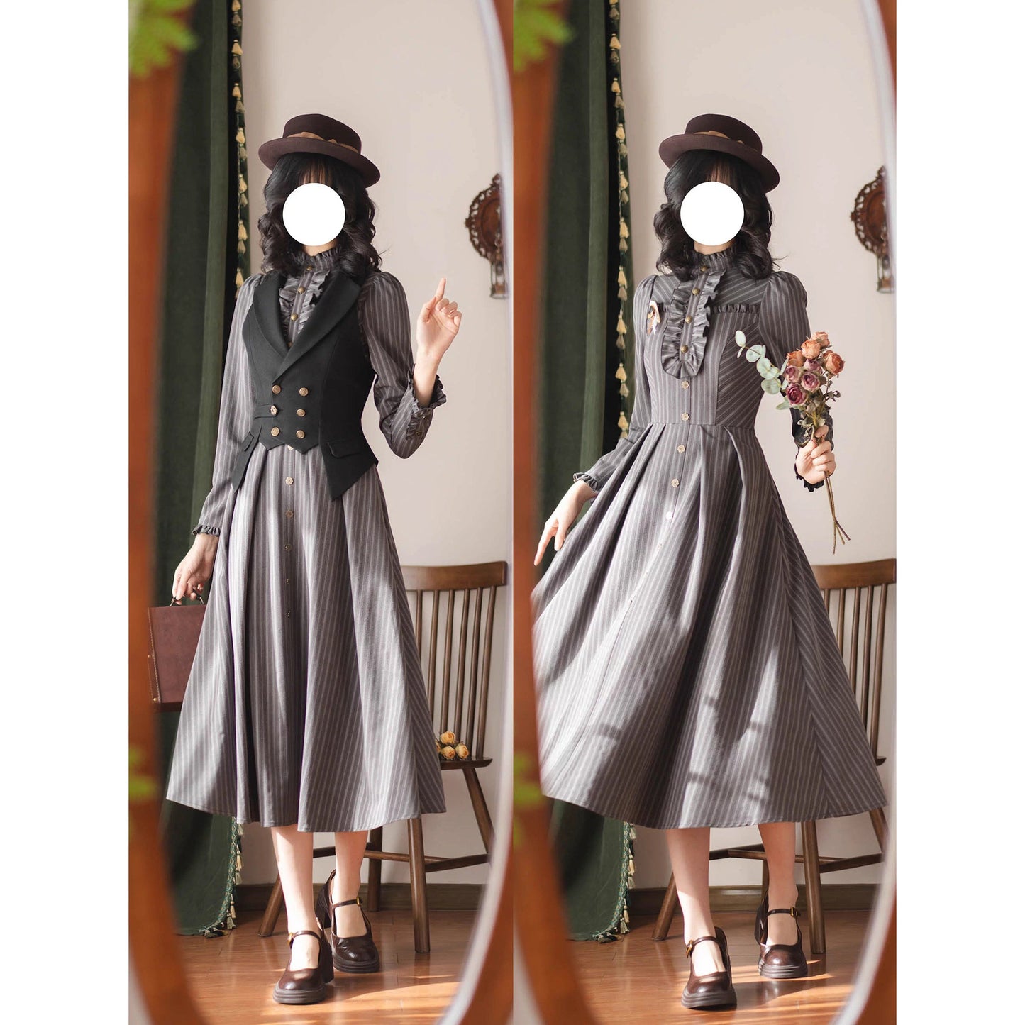 英国のお嬢様のクラシカルストライプワンピース - Gray