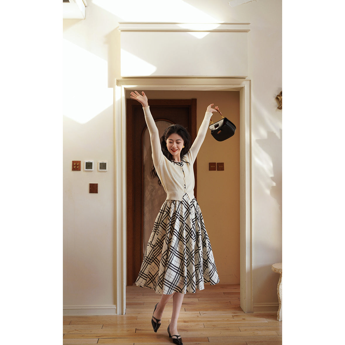 映画女優の格子柄レトロワンピース