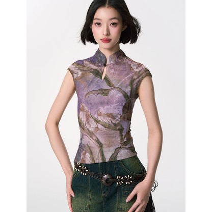 カラーリリーの水彩画チャイナトップス