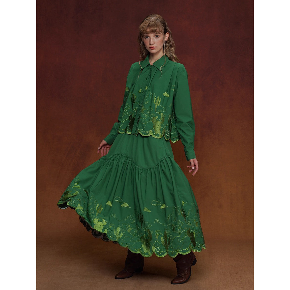 Cactus Embroidered Blouse and Skirt - Green – remulia