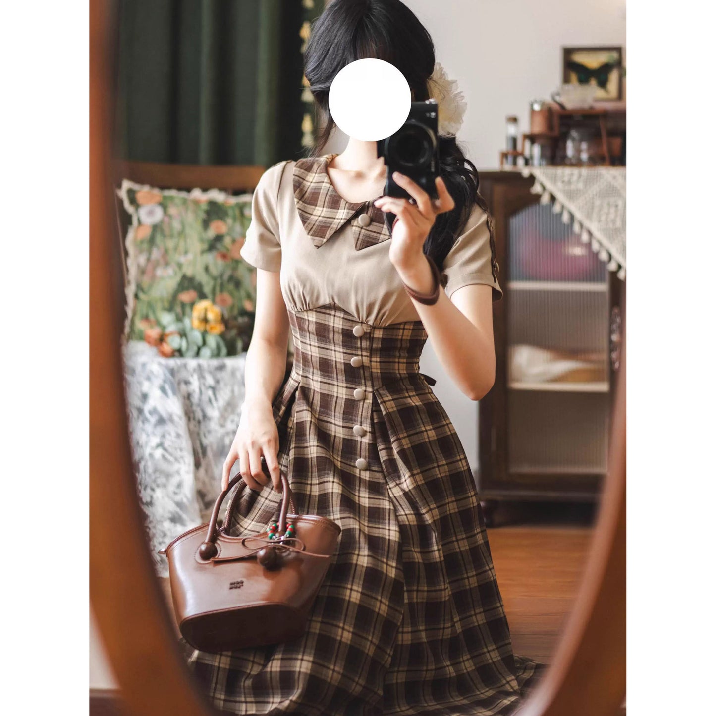 英国令嬢のレトロチェックワンピース - Dark Brown