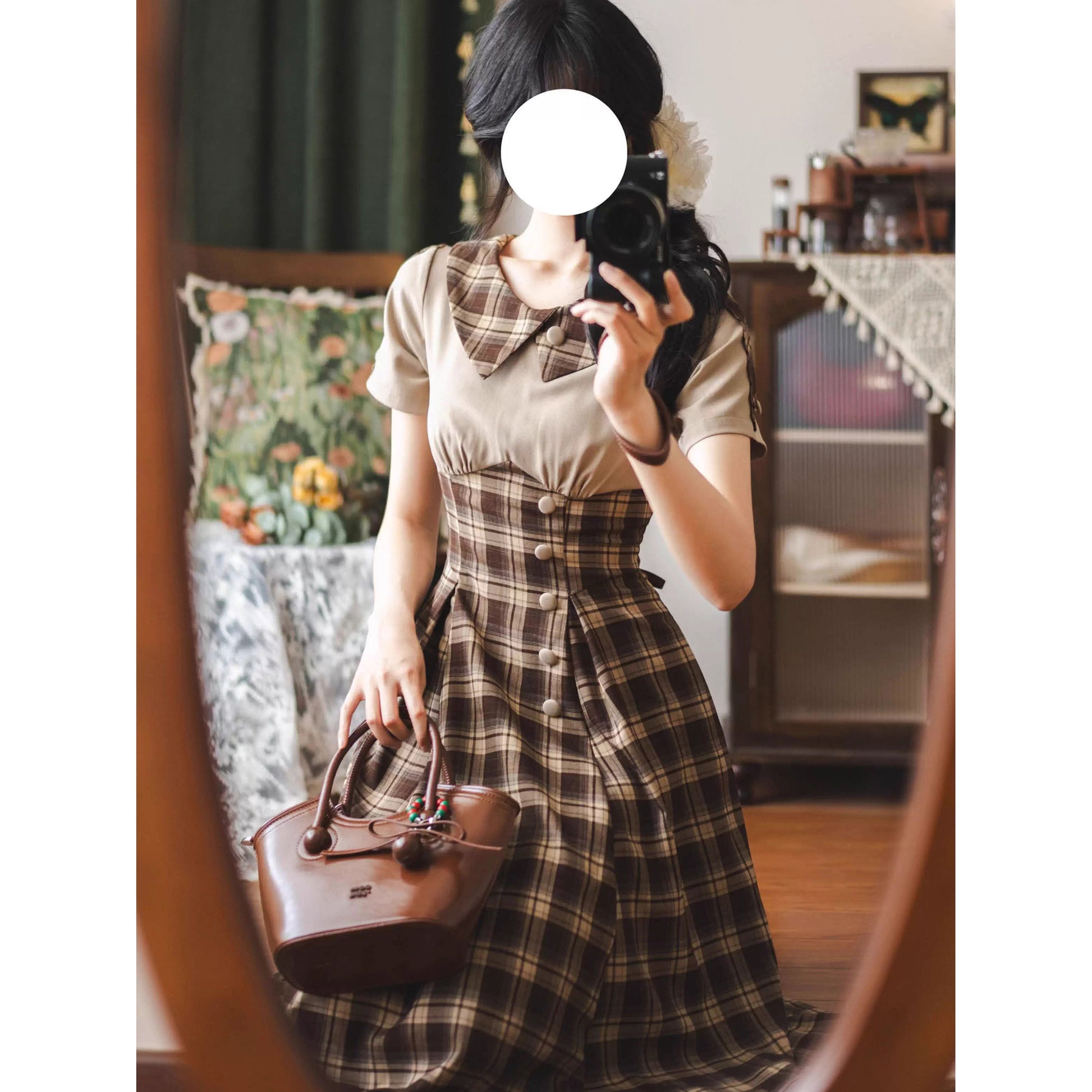 英国令嬢のレトロチェックワンピース - Dark Brown