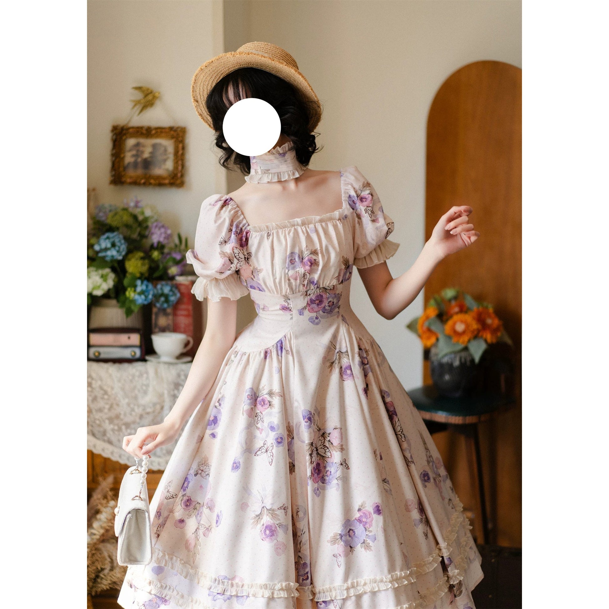 三色菫と蝶々の水彩画クラシカルワンピース