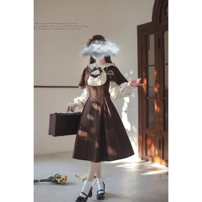 英国令嬢のクラシカルドッキングワンピースとケープ - Brown