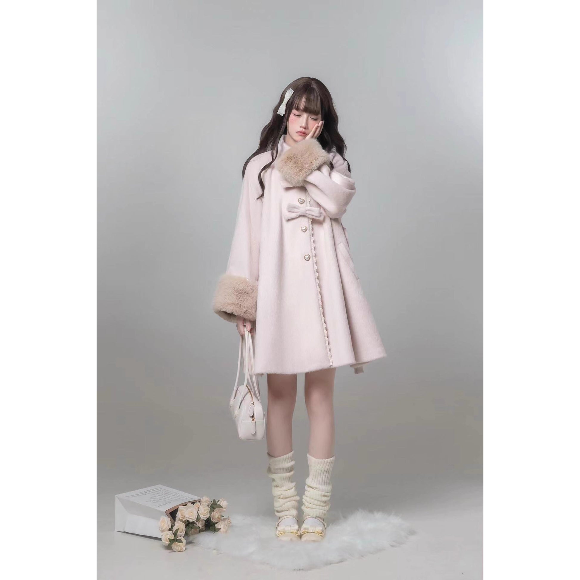 桜色のお嬢様のリボンファーウールコート