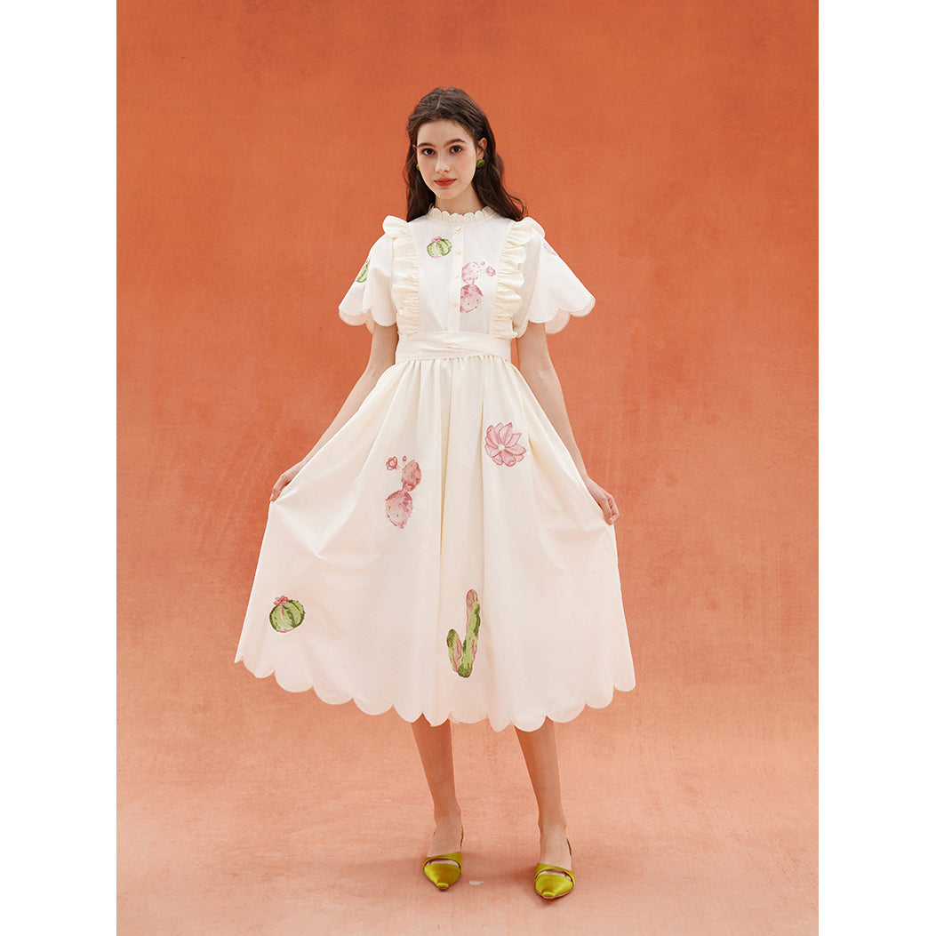 サボテンと花の刺繍レトロワンピース