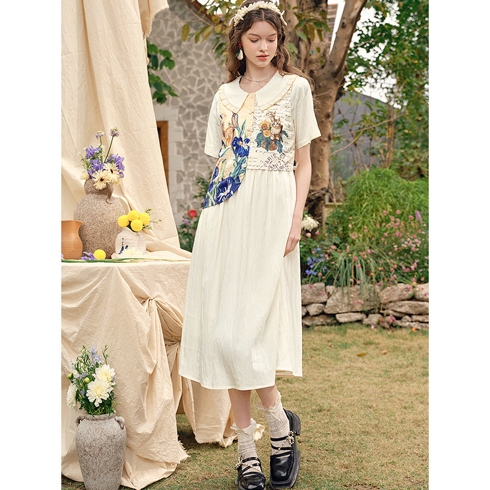 向日葵とアイリスのある花瓶と猫のワンピース