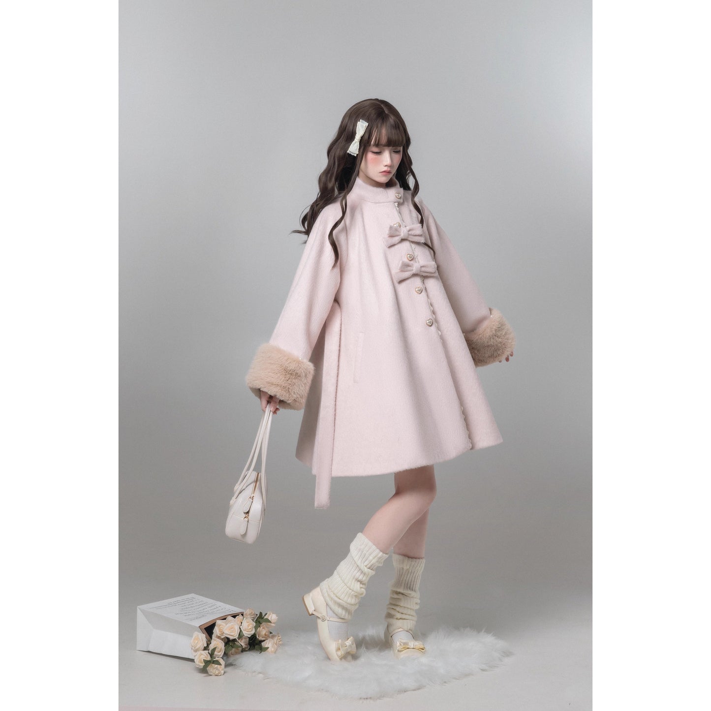 桜色のお嬢様のリボンファーウールコート