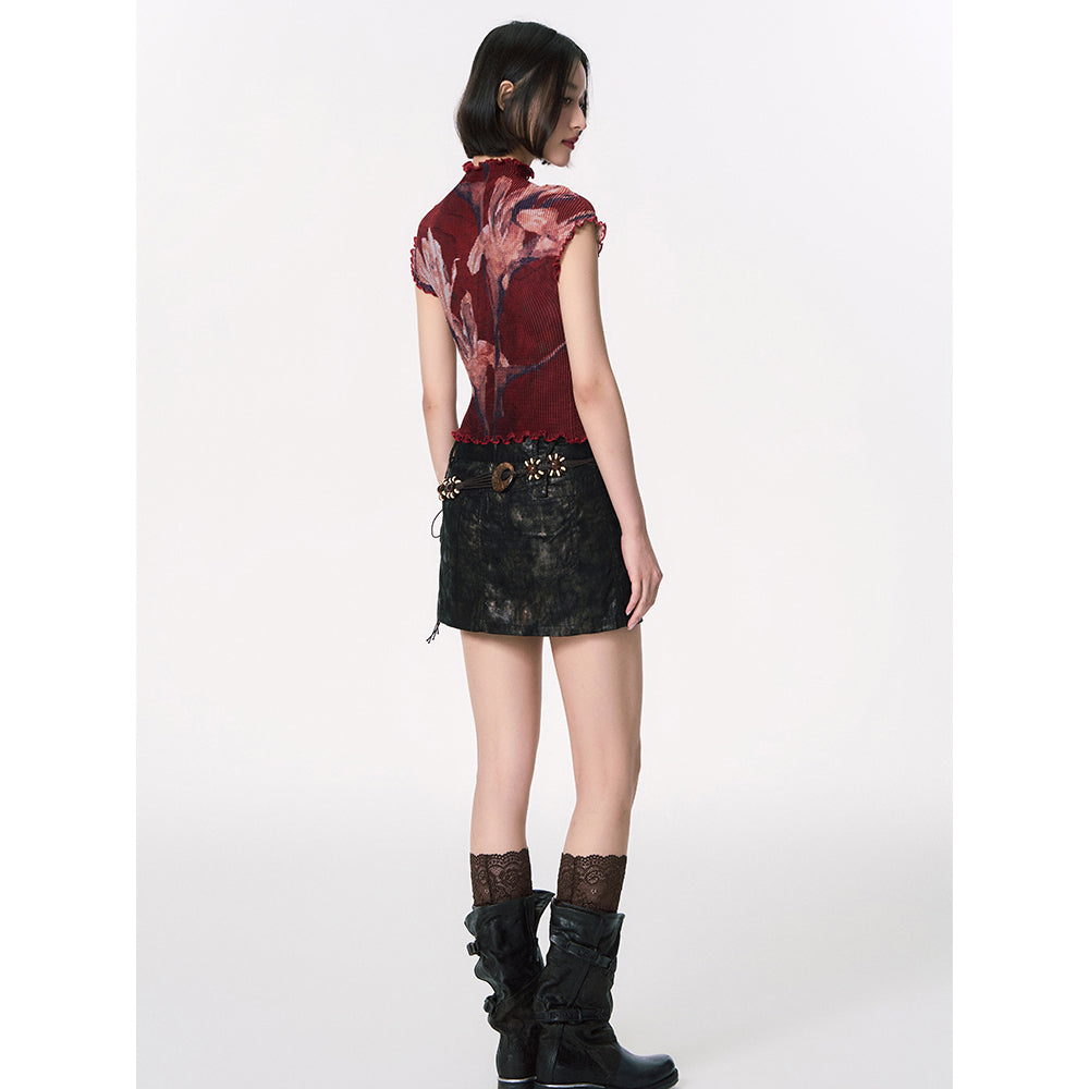 百合の花絵画ハイネックトップス