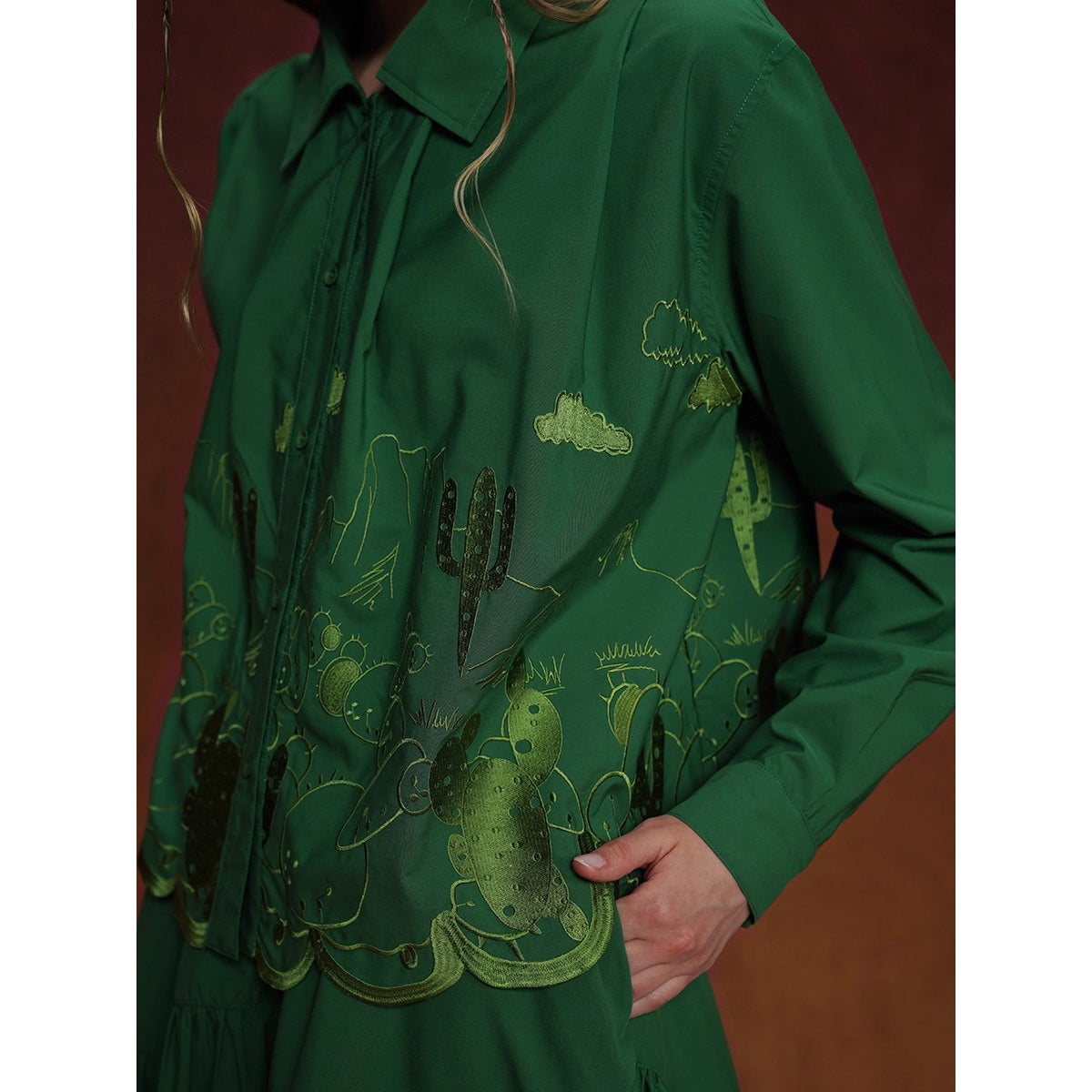 サボテンの刺繍ブラウスとスカート - Green