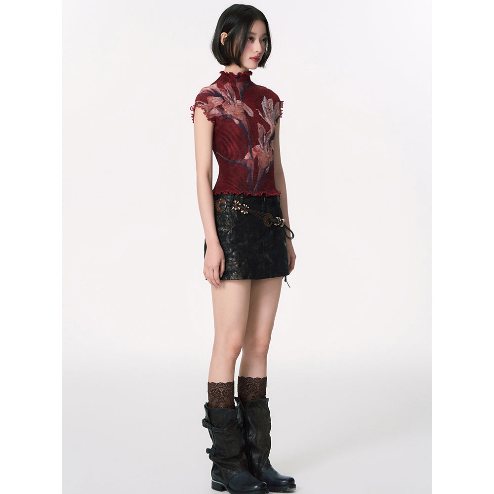 百合の花絵画ハイネックトップス