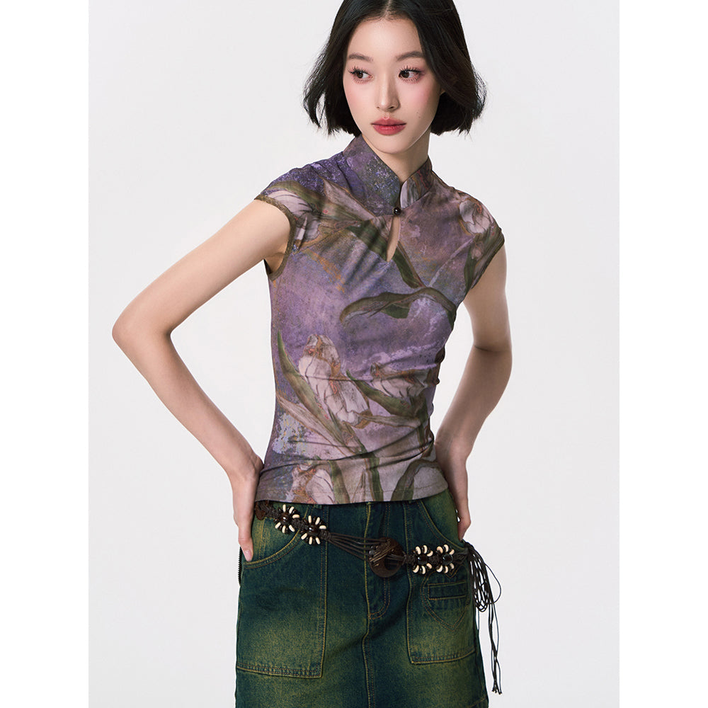 カラーリリーの水彩画チャイナトップス