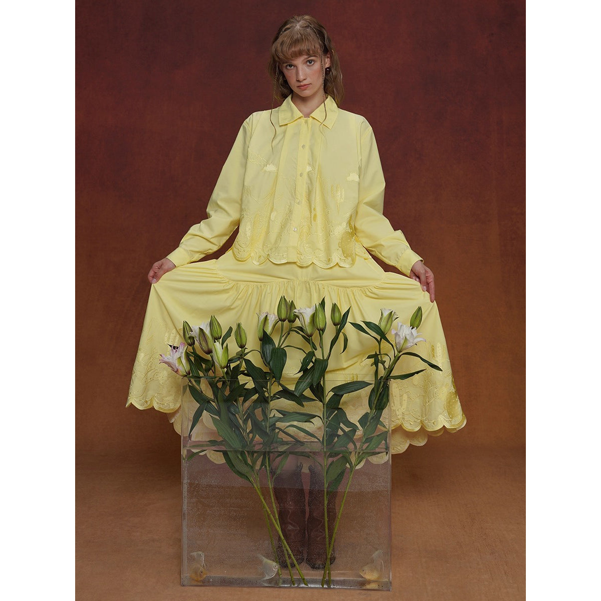 サボテンの刺繍ブラウスとスカート - Yellow