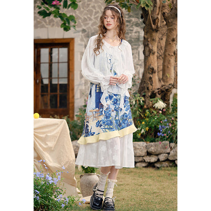 アイリスの花の油彩画ティアードワンピース