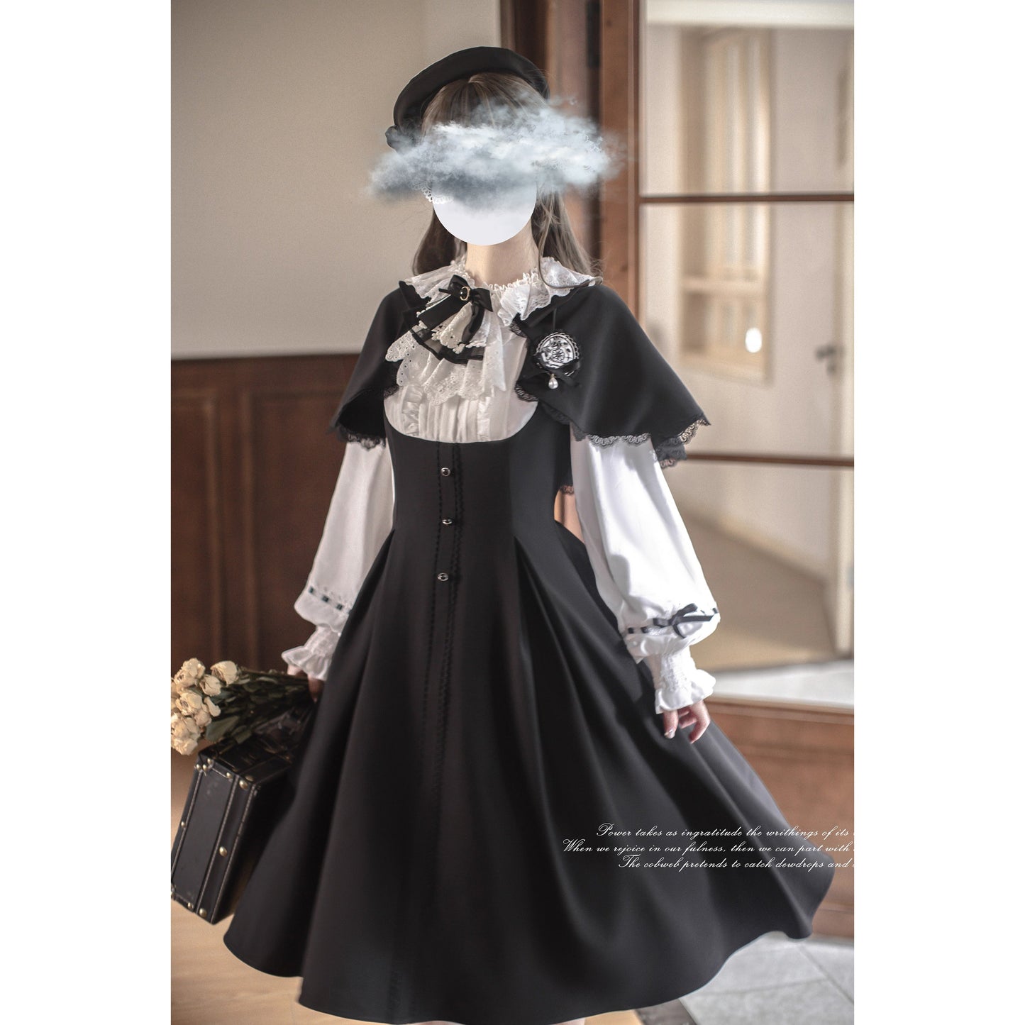 英国令嬢のクラシカルドッキングワンピースとケープ - Black