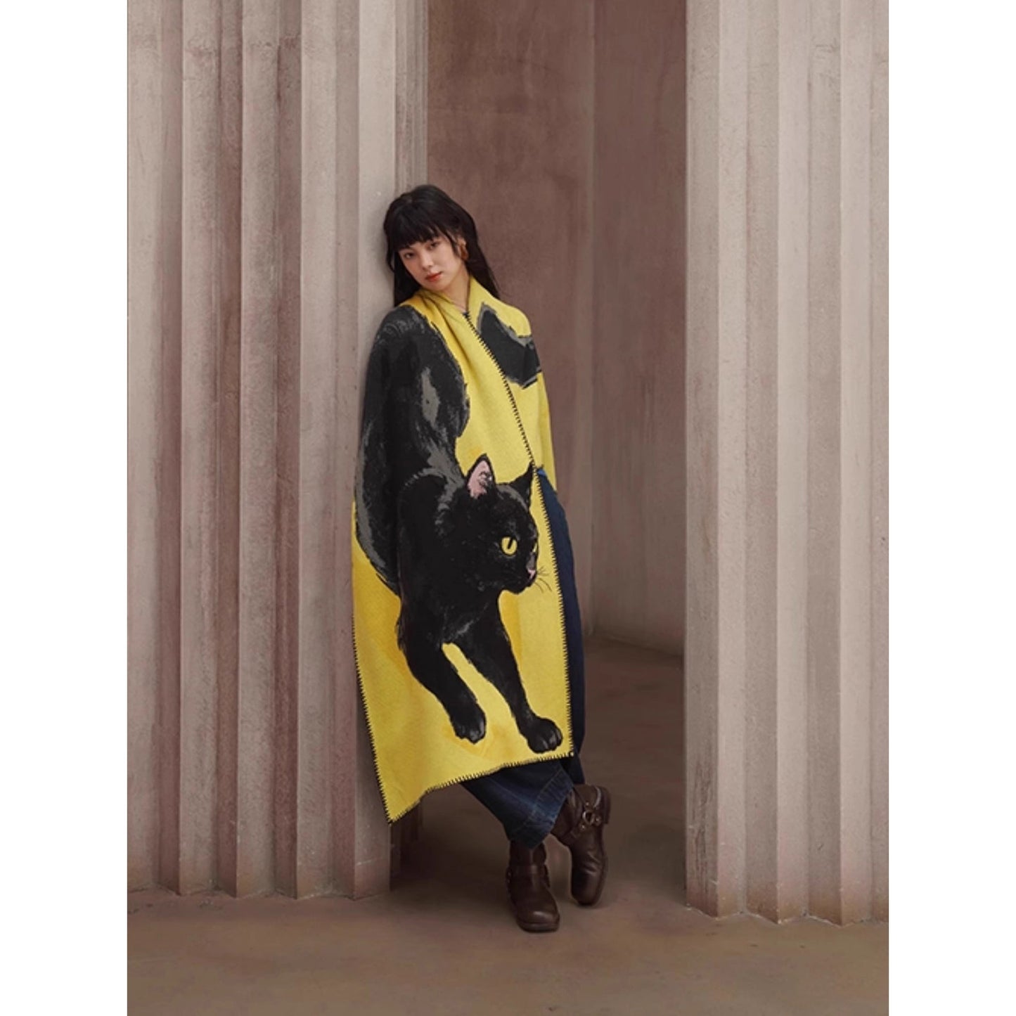 黒猫の挿絵ニットストール