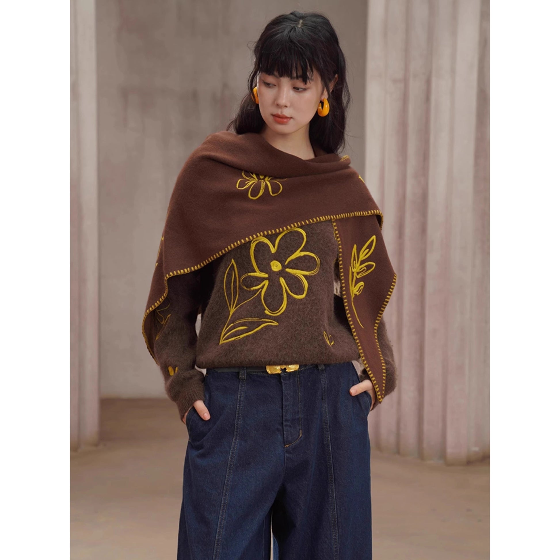 植物の刺繍ニットセーター