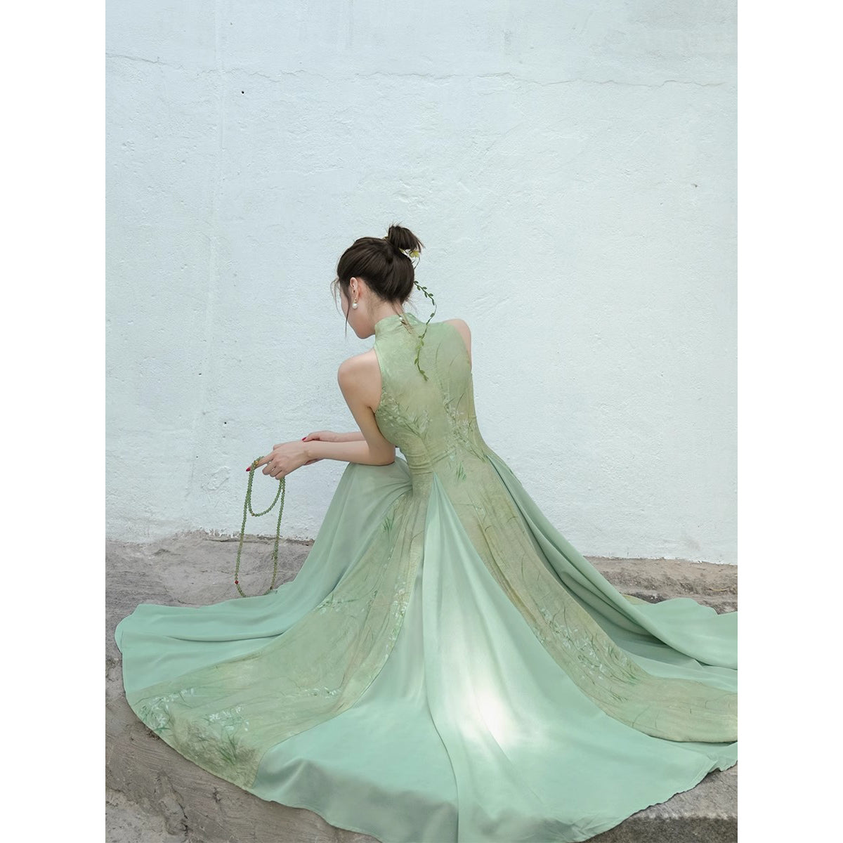 東洋蘭の花絵画チャイナワンピース