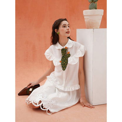 サボテンと花の刺繍ネクタイ - Dark Green