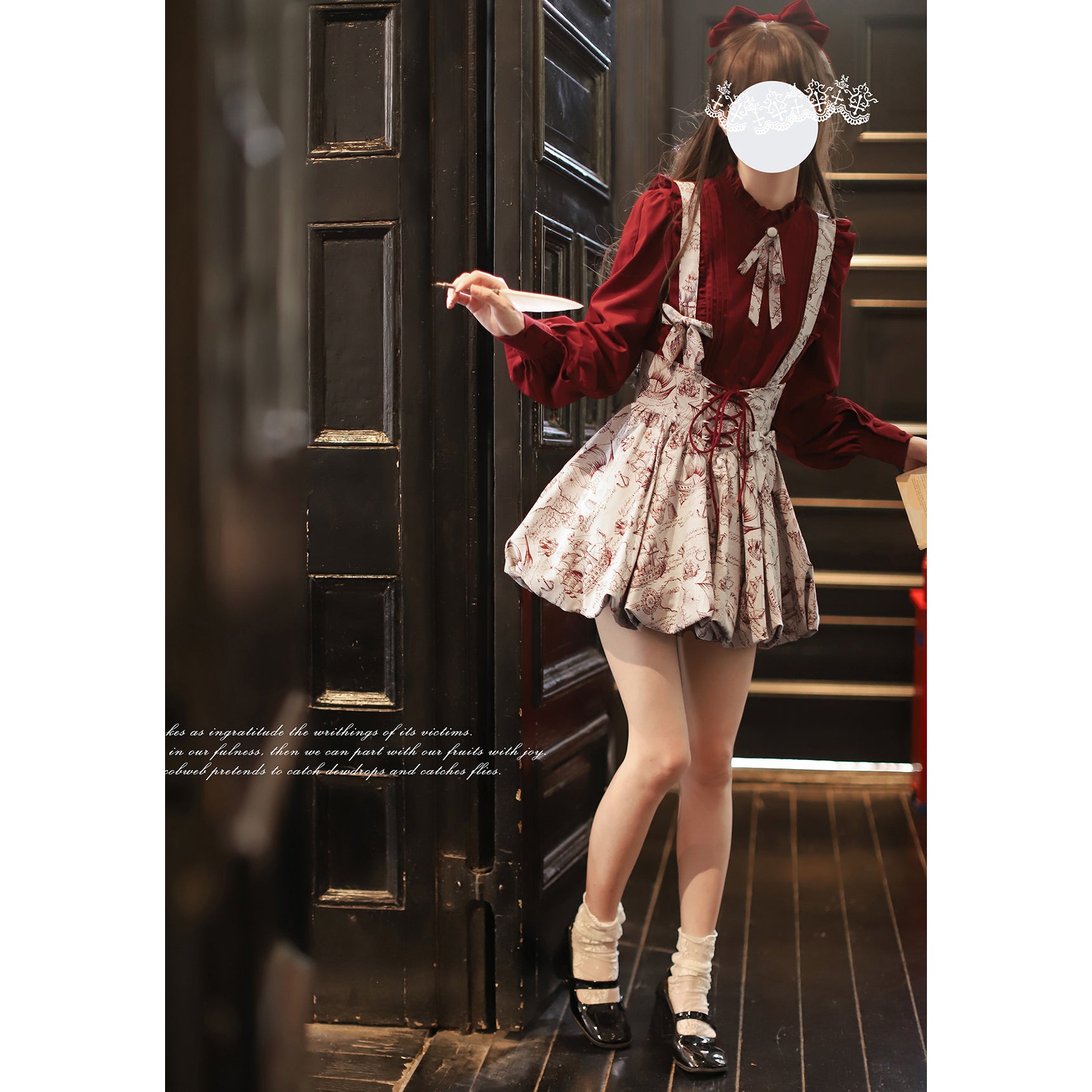 帆船と羅針盤の線画ストラップバルーンスカートとブラウス - Wine Red