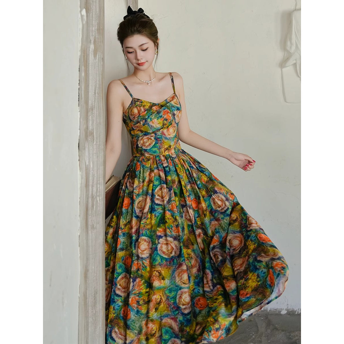 薔薇の花の油彩画キャミソールワンピース