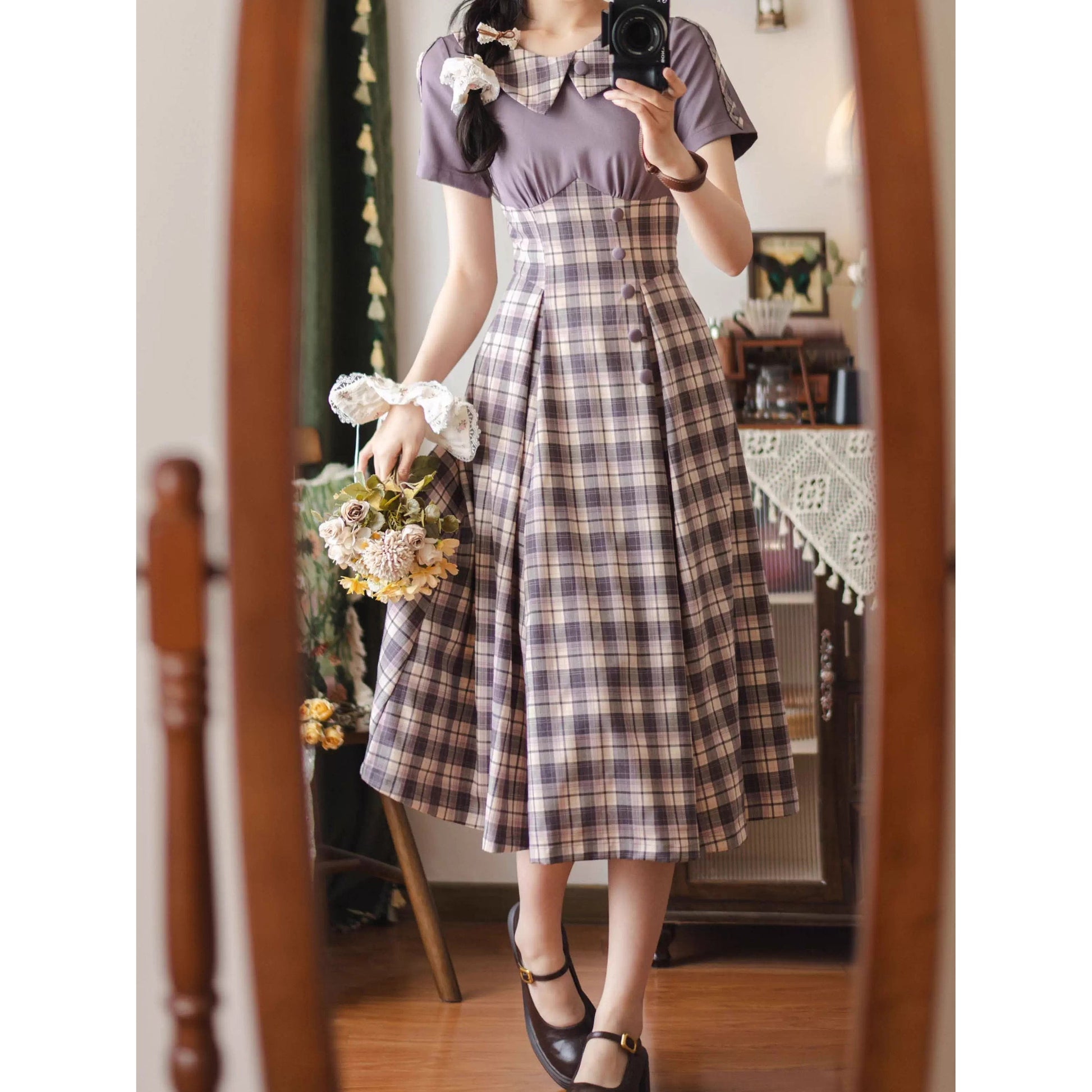 英国令嬢のレトロチェックワンピース - Light Purple
