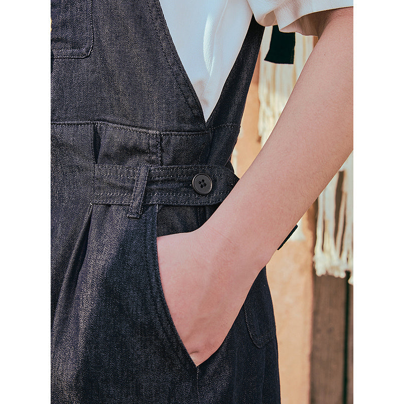 馬の石膏像の刺繍デニムサロペットパンツ