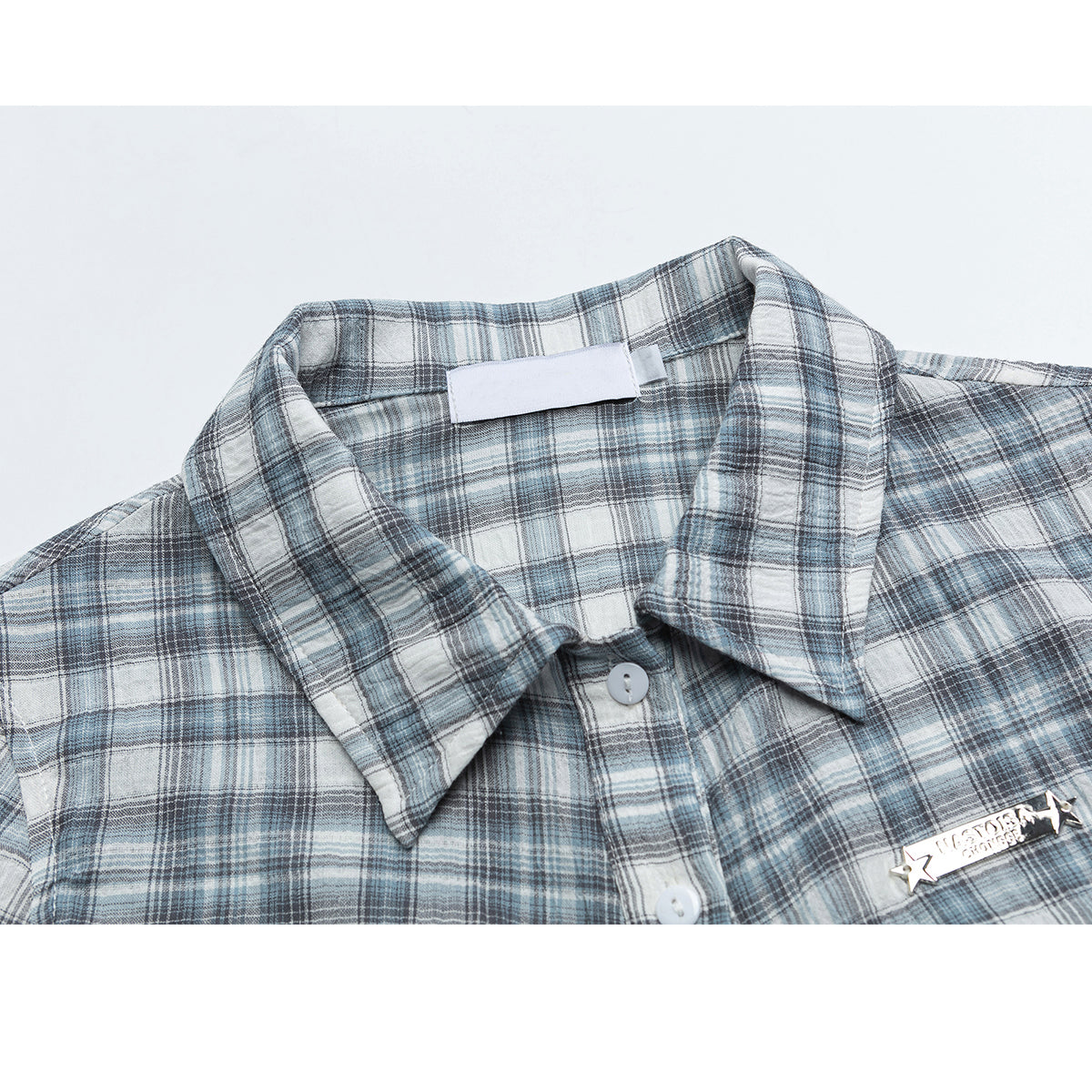 灰藍格子柄のフリルショートシャツ