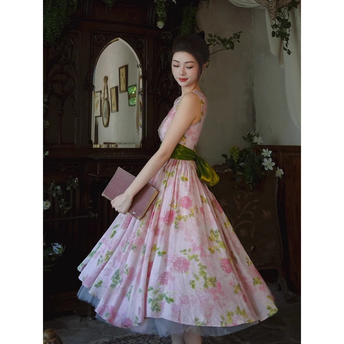 桃色の菊の花絵画ワンピース